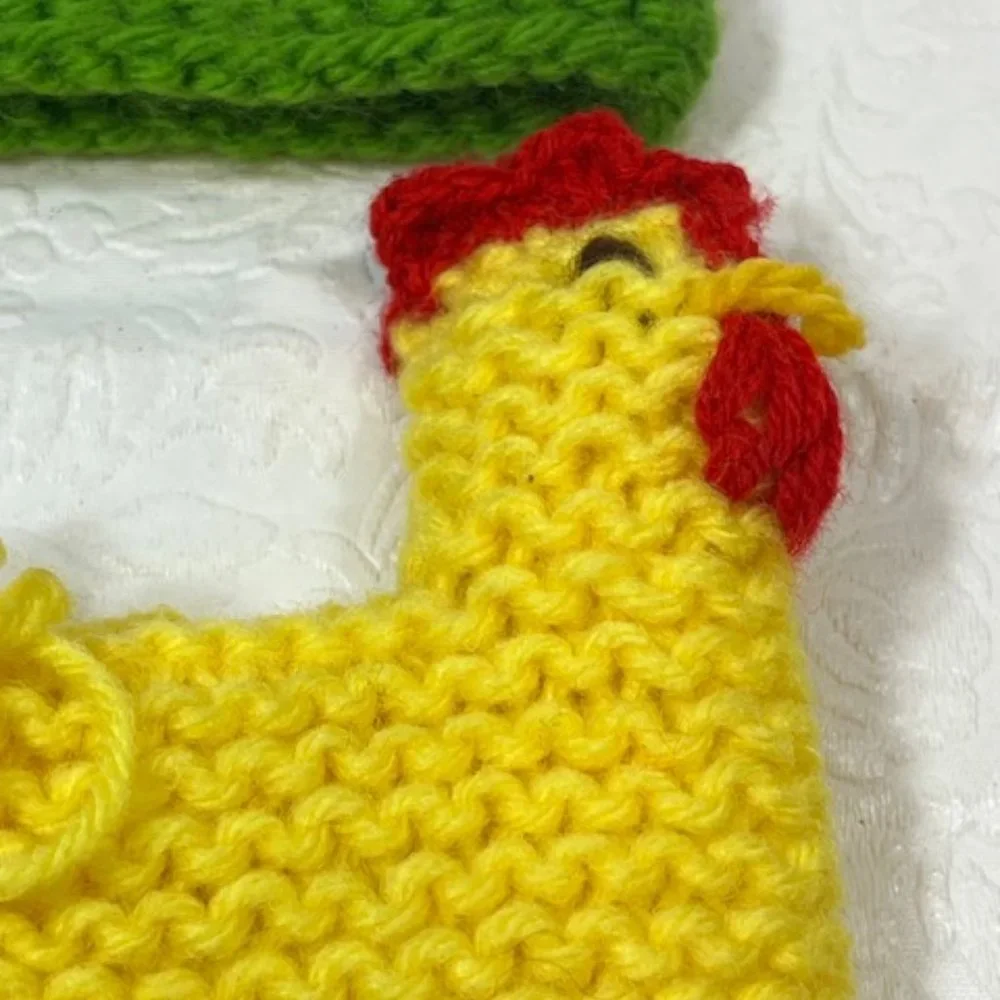 Two (2) Crocheted/Knitted Chicken/Hen Egg Cozies Covers Holder Decor 3.75